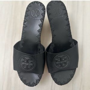 Tory Burch platform wedge wood and leather sandals